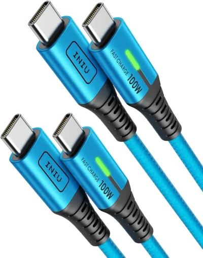 INIU 100W USB-C Cable, [6.6ft, Blue] 2-Pack USB C Cable to USB C Fast Charging Cord, Braided Type C Charger Cable for iPhone 17 16 15 Pro Max Samsung S25 S24 Laptops MacBook iPad Air Switch etc.