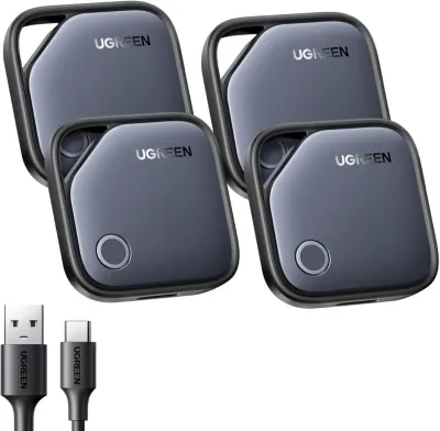 UGREEN FineTrack (iOS Only)Air Tracker Tags 4 Pack, 1-Year USB-C Rechargeable Battery Bluetooth Tracker Compatible with Apple Find My, Item Finder Smart Tag for Key Luggage - [Apple Find My Certified]