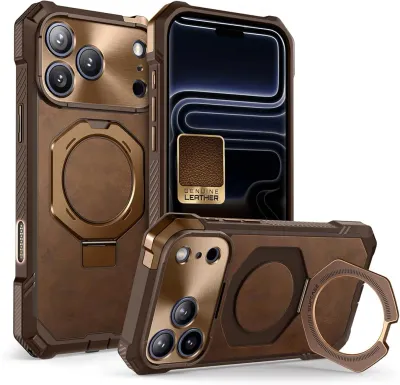 SUPCASE for iPhone 17 Pro Max Case with Kickstand (Unicorn Beetle Grip), [Camera Control Cover] [Compatible with MagSafe] [Military-Grade Drop Protection] Premium Leather Magnetic Phone Case, Brown