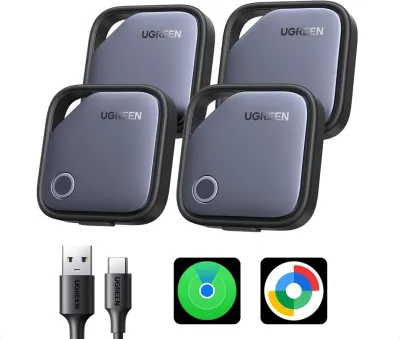 UGREEN Finder Duo (iOS and Android) Air Tracker Tags 4 Pack, Rechargeable Bluetooth Tracker Key Finder Compatible with iOS and Android for Keys, Luggage and More | 12-Month Battery